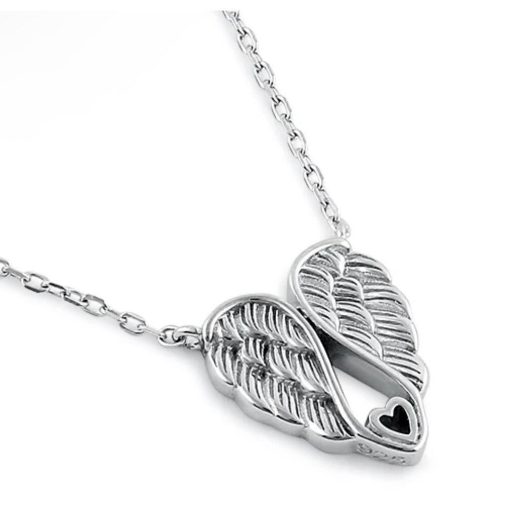 Sterling Silver Angel Wings Heart Necklace • 925 Guardian Wing Pendant